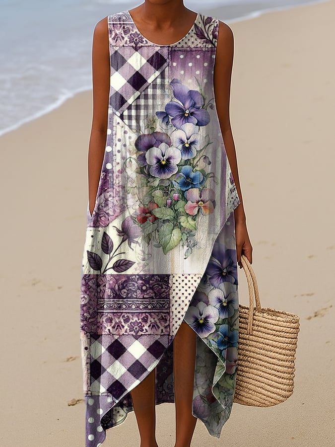 Women's Purple Retro Floral Polka Dot Plaid Mixed Print Irregular Hem Sleeveless Dress