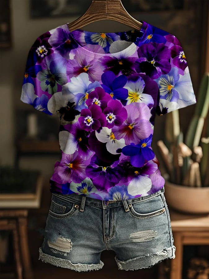 Women's Alzheimer's Awareness Floral Design Printed Crew Neck T-Shirt