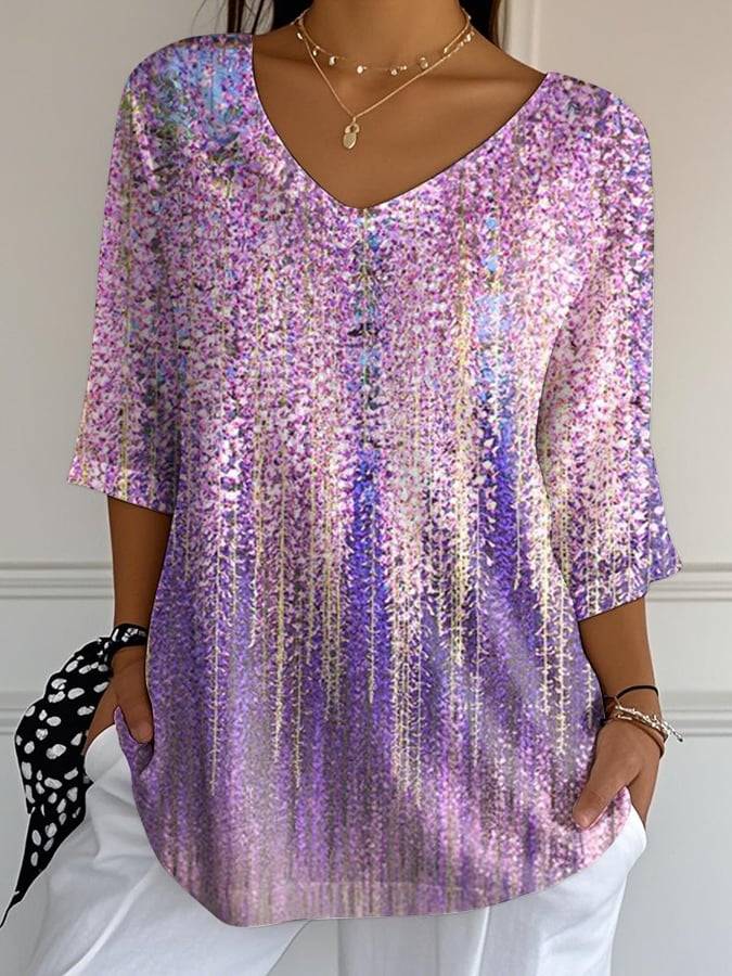 Women's Casual Purple Floral Gradient Art Bubble Wrinkle Top