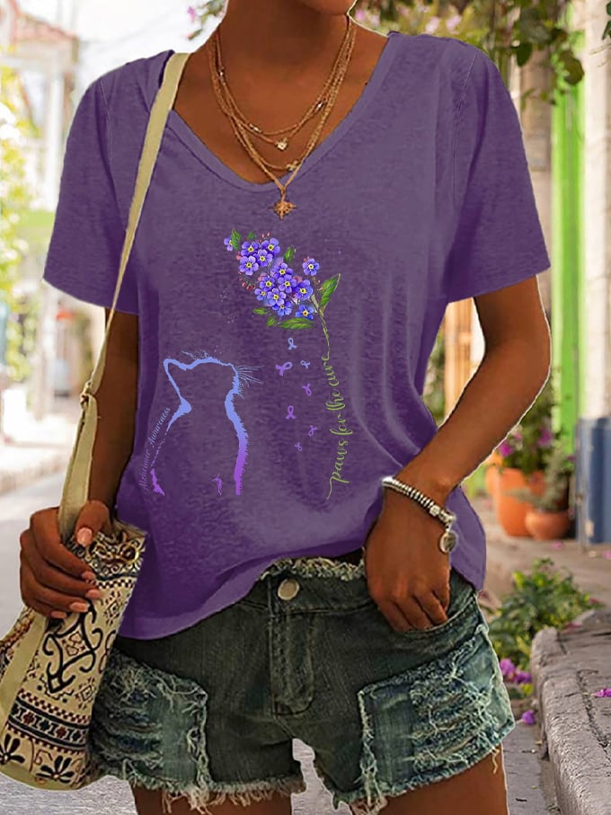 Women's Paws For The Cure Dementia Alzheimer's Disease Awareness Print V-Neck T-Shirt