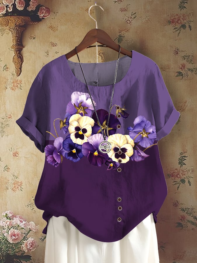 Women's Purple Pansy Alzheimer's Disease Awareness Floral Print Button Down Casual Shirt