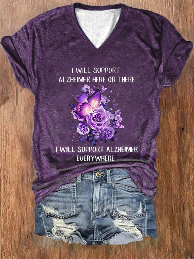 Women's Alzheimer's Awareness Butterfly Printed V-Neck T-Shirt