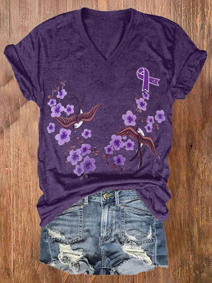 Women's Purple Alzheimer Awareness Flowers Print T-shirt