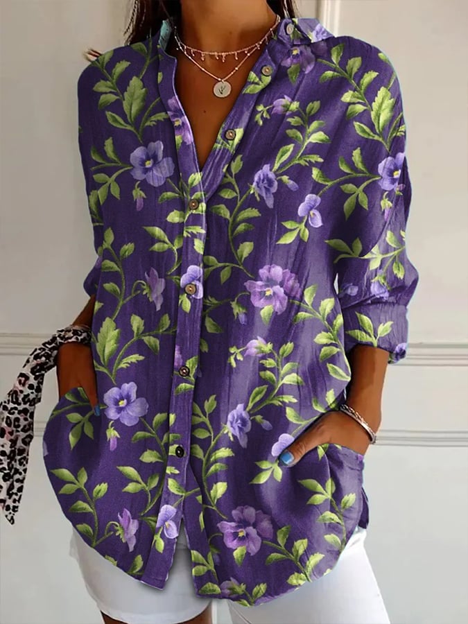 Women's Purple Floral Art Print Lapel Shirt