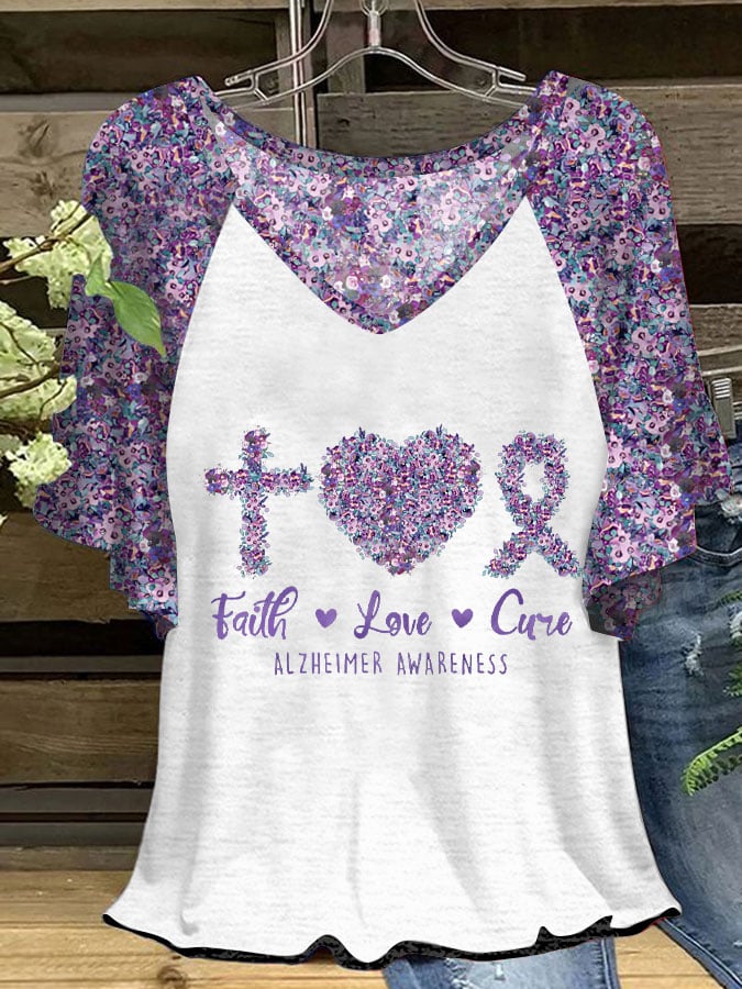 Women's Faith Love Cure Dementia Alzheimer's Awareness Printed V-Neck T-Shirt