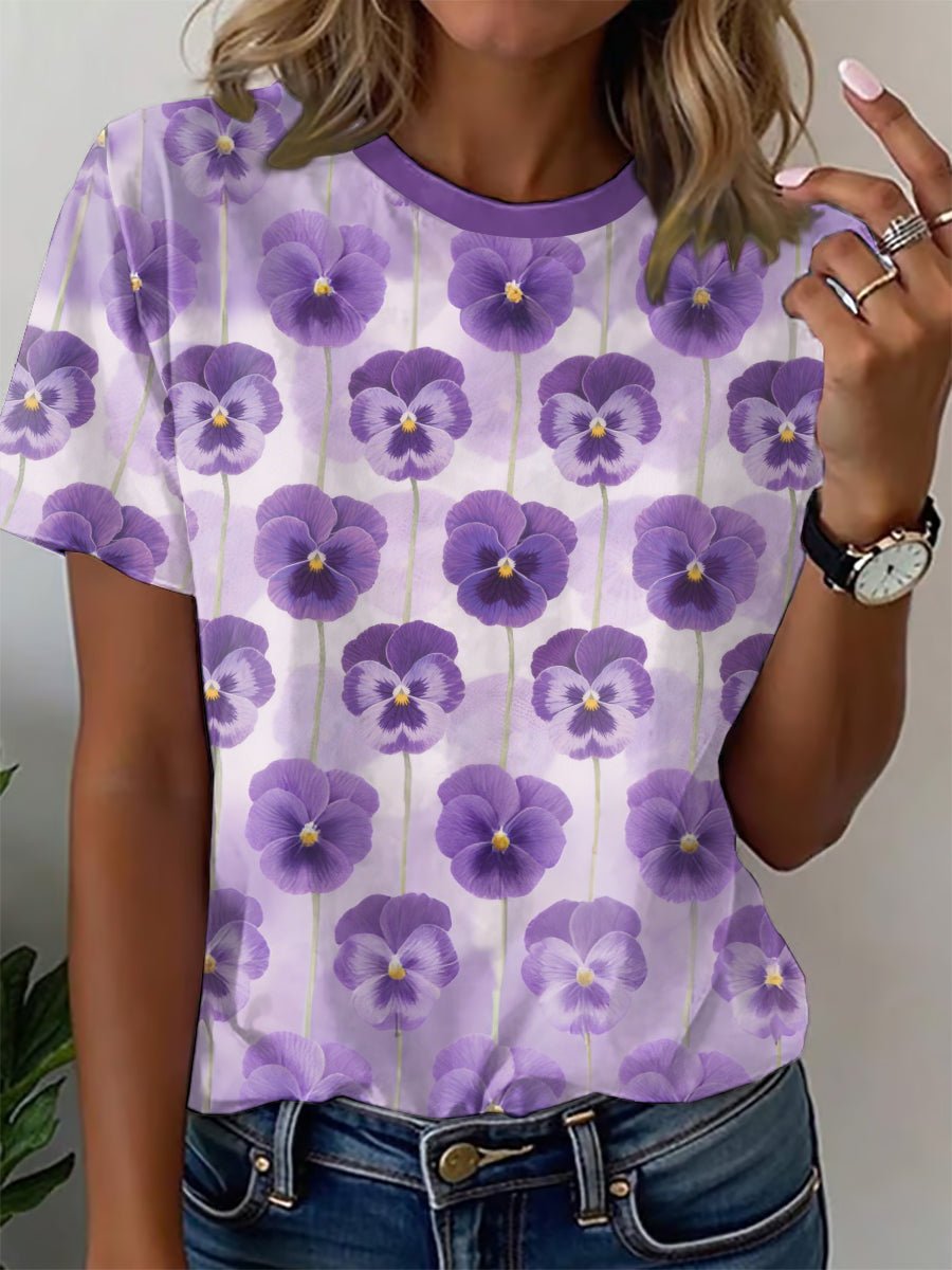 Women's Alzheimer's Awareness Purple Floral Print Crew Neck T-Shirt