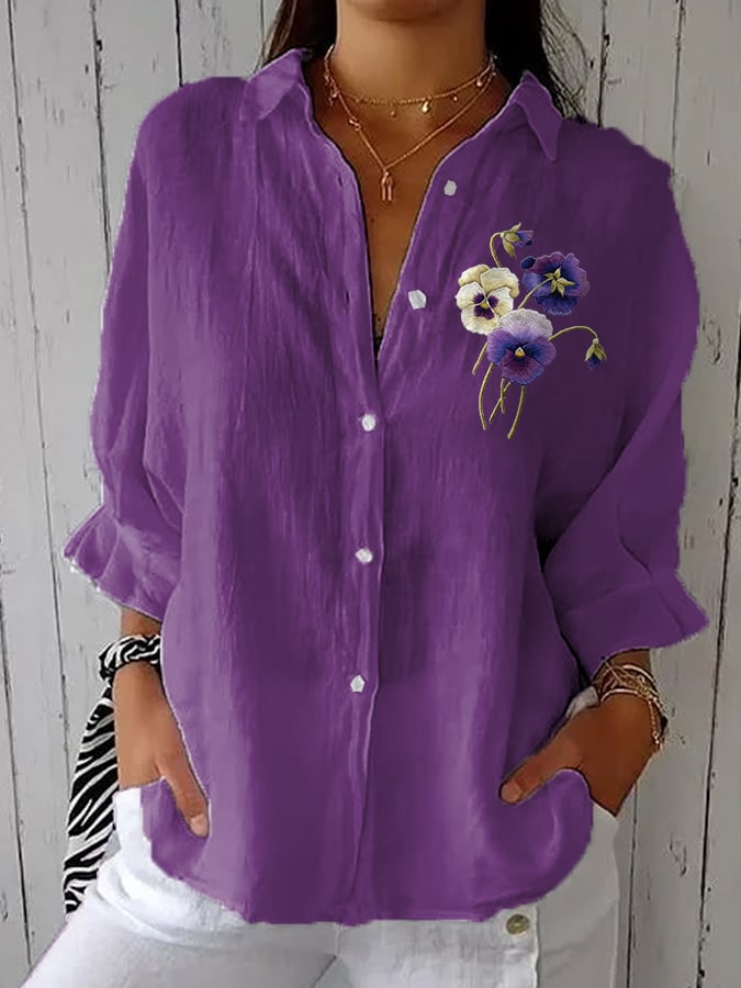 Women's Purple Flowers Print Long Sleeve Casual Shirt