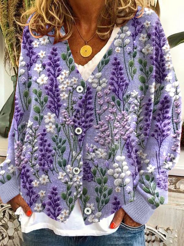 Women's Purple Lavender Print V-Neck Long Sleeved Knitted Cardigan