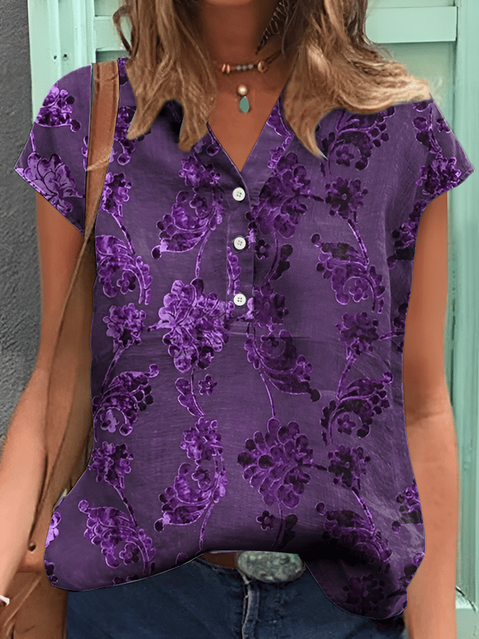 Women's Alzheimer's Disease Floral Button-Down V-Neck Shirt