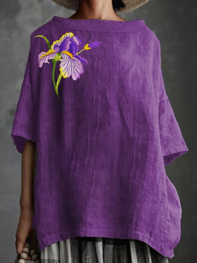 Women's Round Neck Purple Floral Loose Casual Short Sleeve Shirt