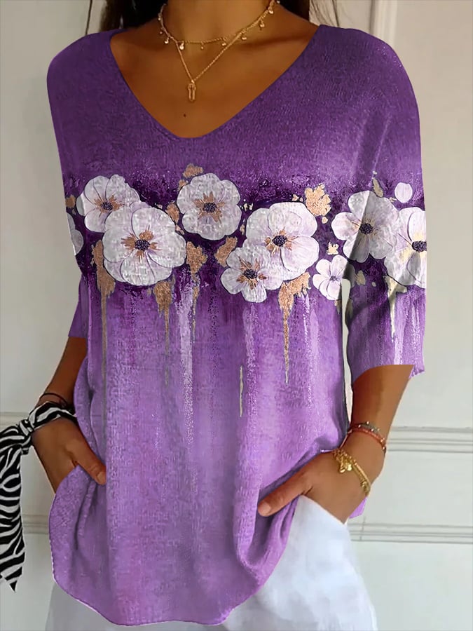 Women's Purple Floral Print Striped Fabric Casual V-Neck T-Shirt