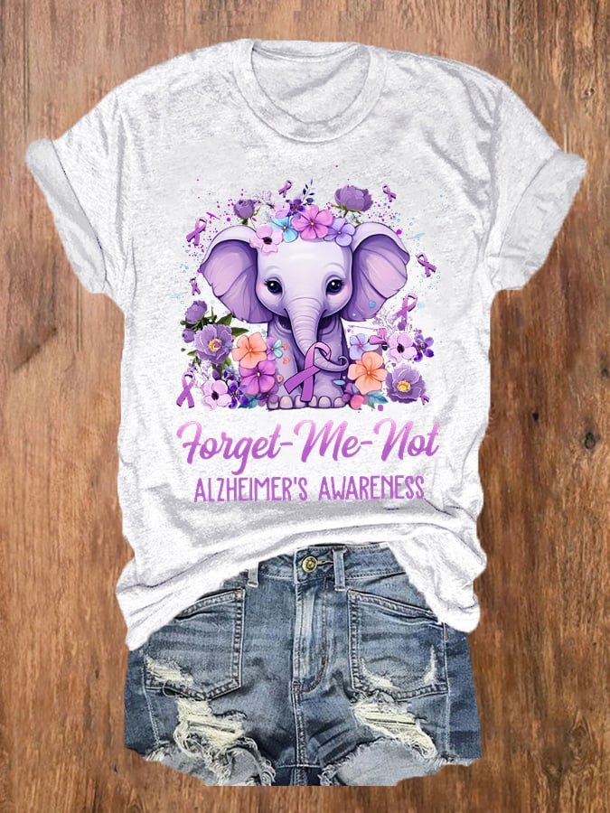 Women's Forget Me Not Alzheimer's Awareness Elephant Flower  Print T-Shirt