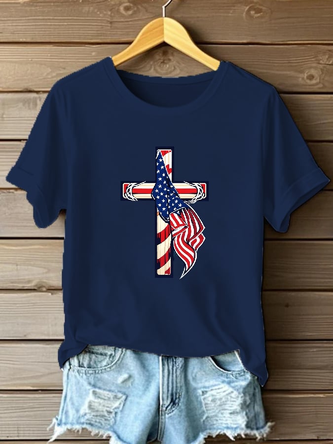 Women's Casual Faith Cross Flag T-shirt
