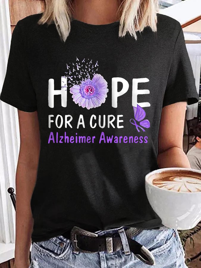 Women's Hope For A Cure Sunflower Purple Ribbon Alzheimer's Awareness Fighter Supporter Tee
