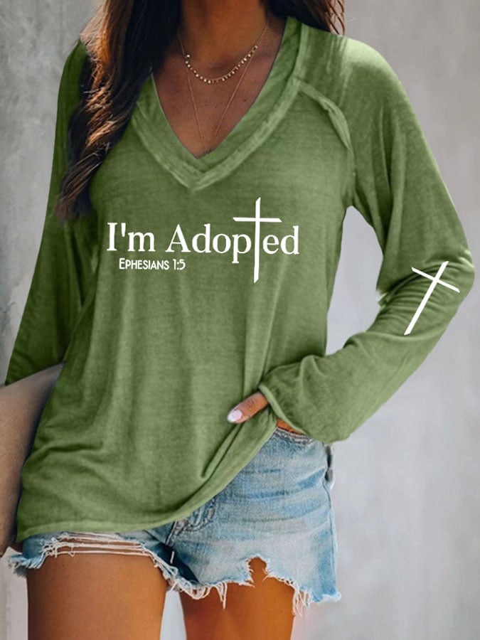 V-neck Retro I'm Adopted Ephesians 1:5 Print T-Shirt