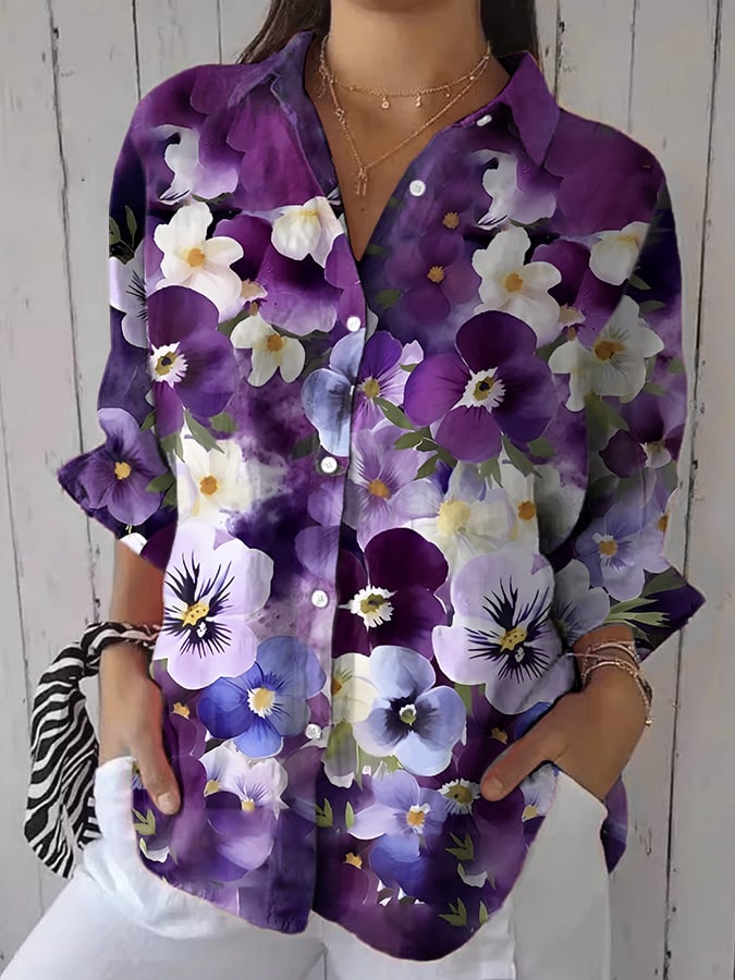 Women's Casual Retro Purple Art Cotton And Linen Shirt