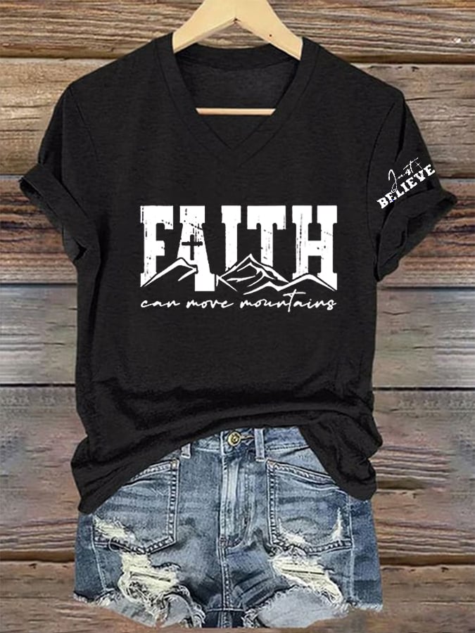 Women's Faith Can Move Mountains   Printed V-Neck Tee