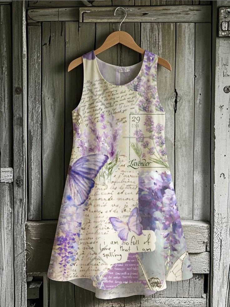 Women's Pastoral Retro Butterfly Floral Print Sleeveless Round Neck Dress