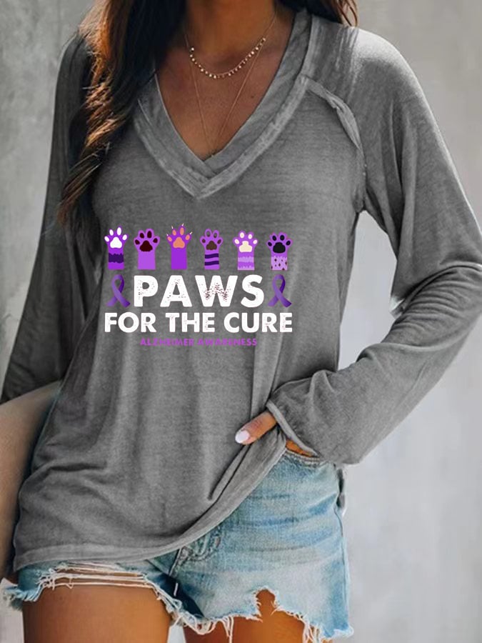 Women's Paws For The Cure Alzheimer Awareness Printed V-Neck T-Shirt