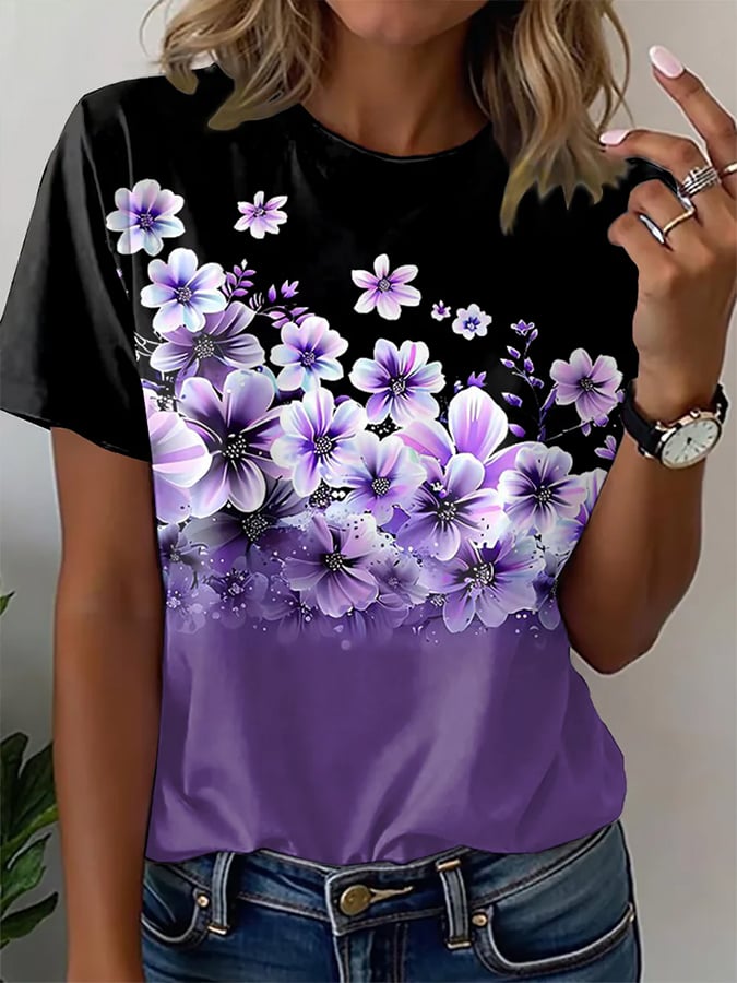 Women's Alzheimer's Awareness Purple Floral Print Crew Neck T-Shirt