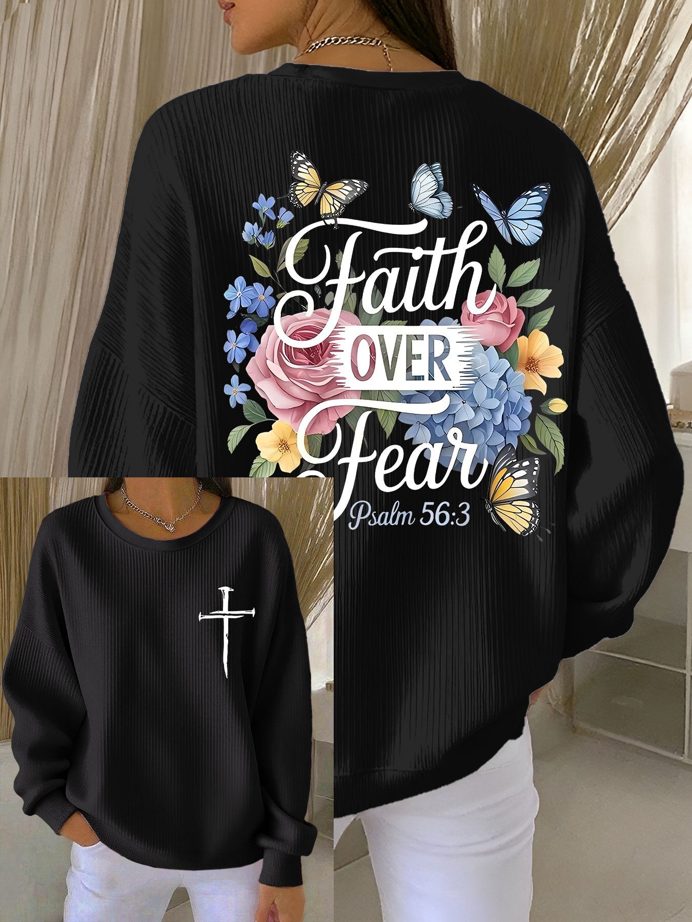 Women's Faith Over Fear Printed Crew Neck Long Sleeve Top