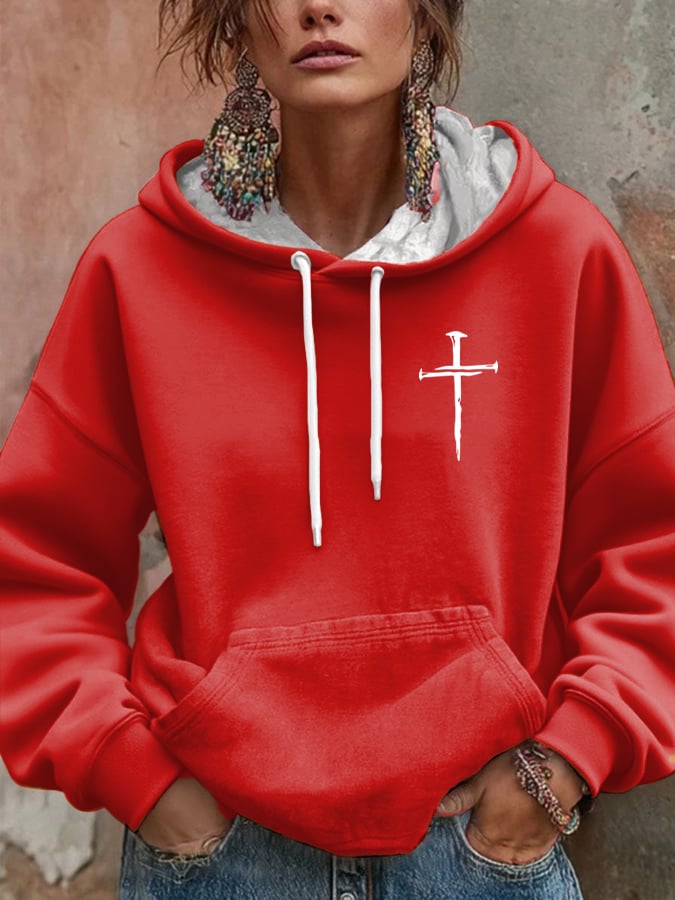 Women's Retro Faith Cross Print Casual Hooded Sweatshirt