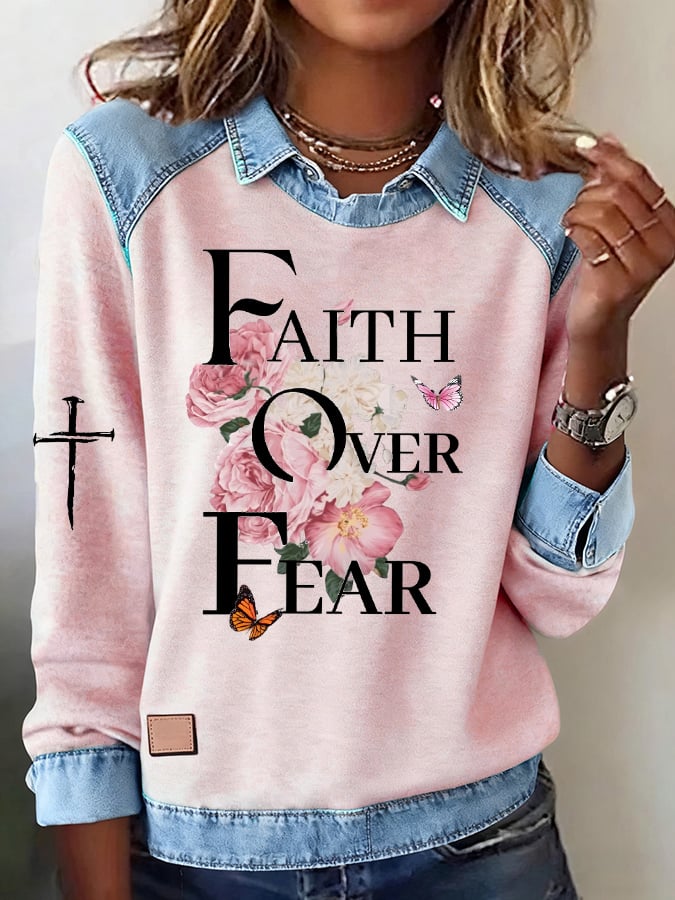 Women's Casual Faith Print Lapel Long Sleeve Top