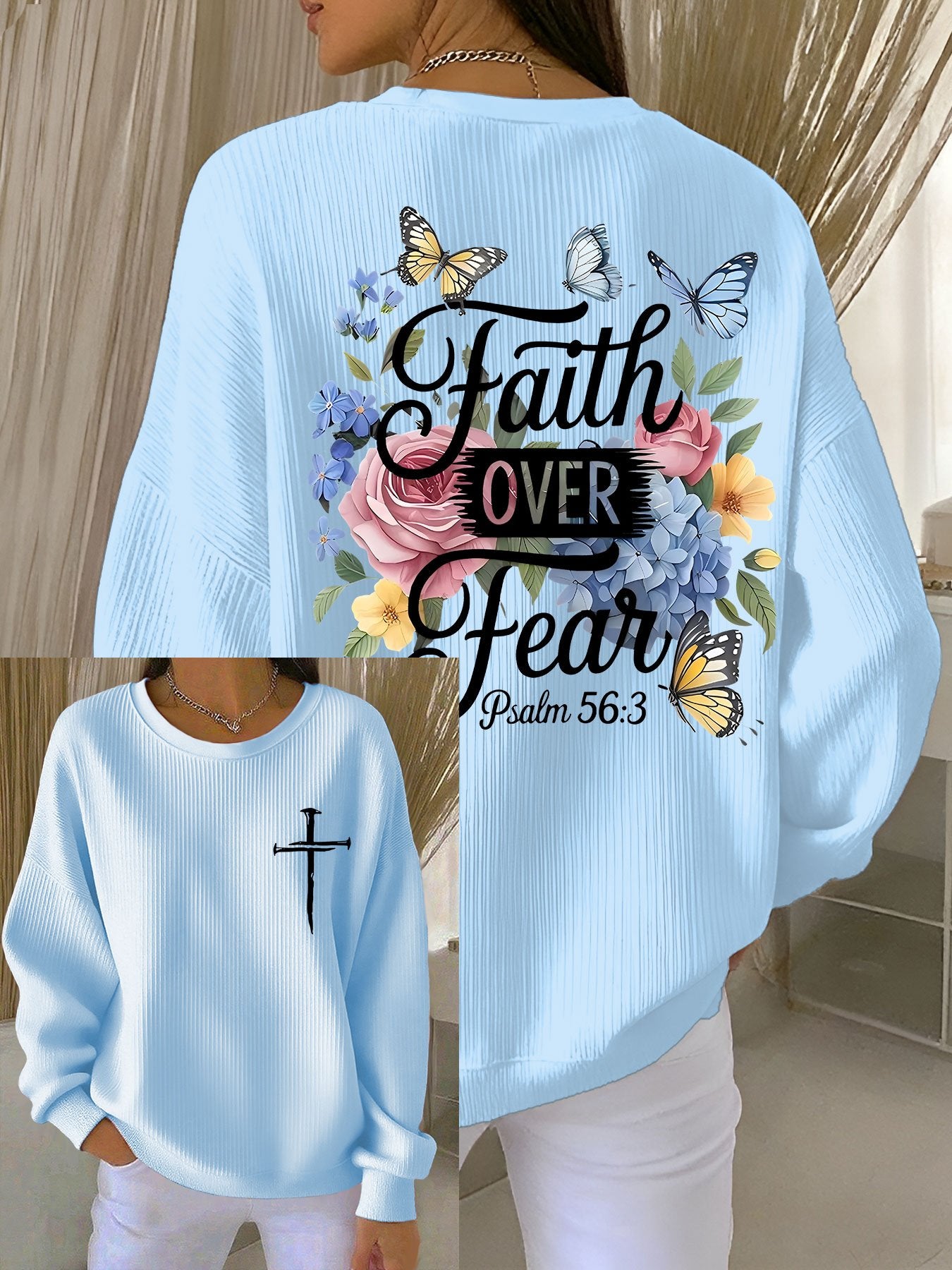 Women's Faith Over Fear Printed Crew Neck Long Sleeve Top