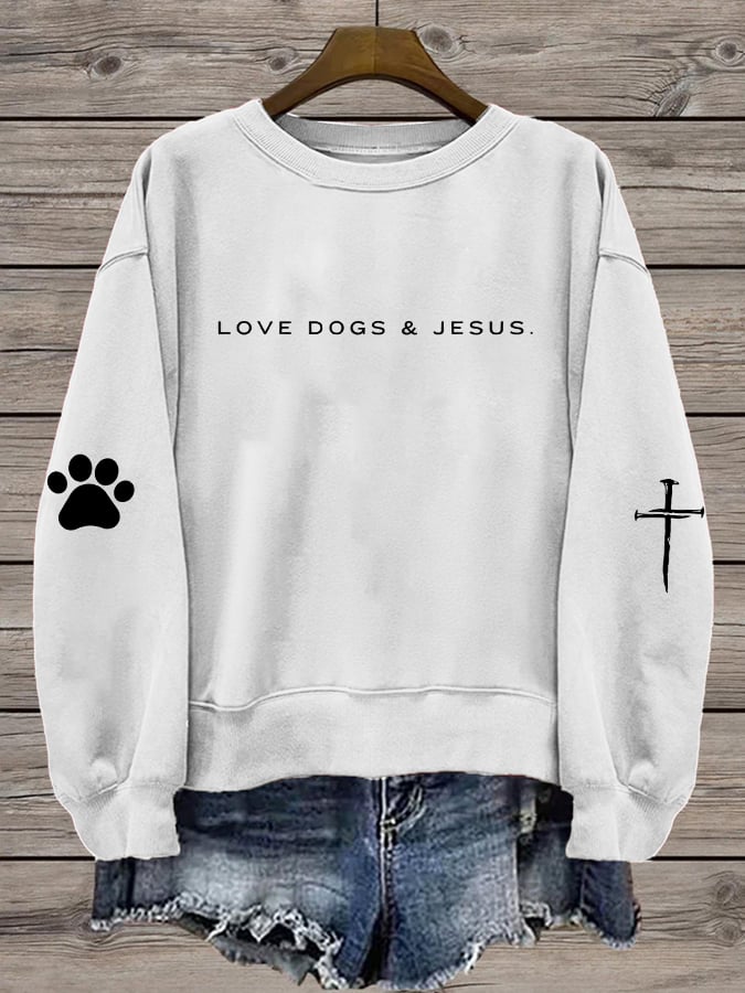 Women's Love Dog and Jesus Print Round Neck Sweatshirt