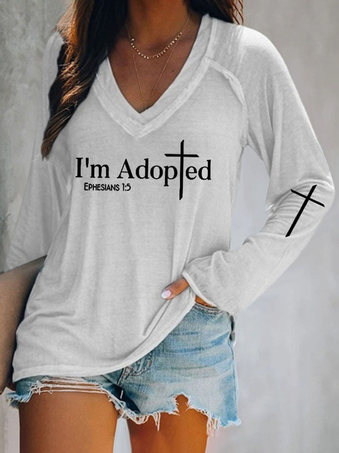 V-neck Retro I'm Adopted Ephesians 1:5 Print T-Shirt