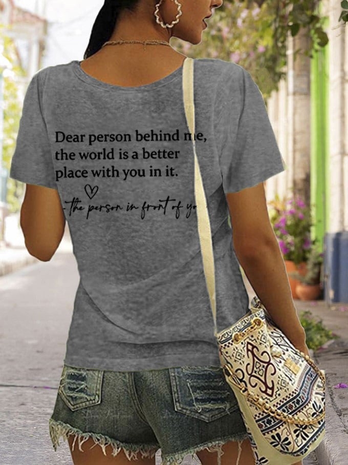 Women's Faith Dear Person Behind Me Cross Print V Neck T-Shirt