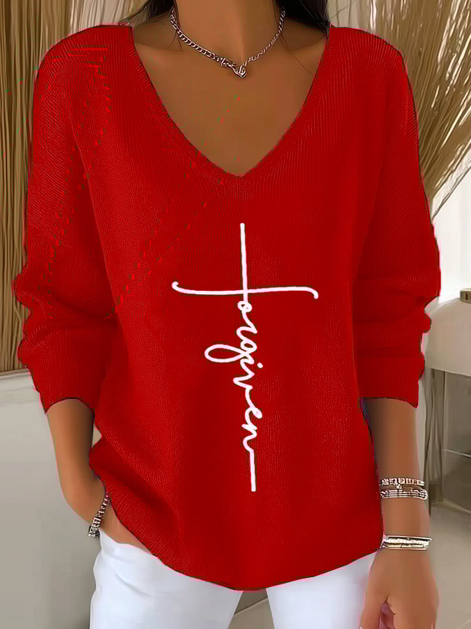 Women's Retro Forgiveness Faith Print Drop Shoulder Sweater