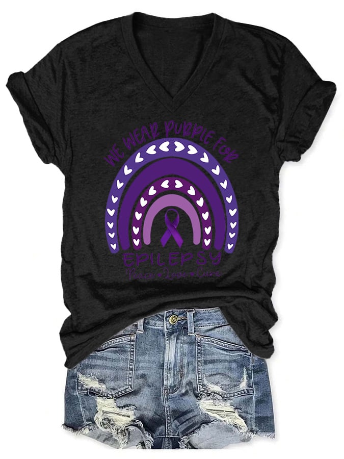 V-neck Epilepsy Awareness We Wear Purple For Epilepsy Peace Love Cure Print T-Shirt