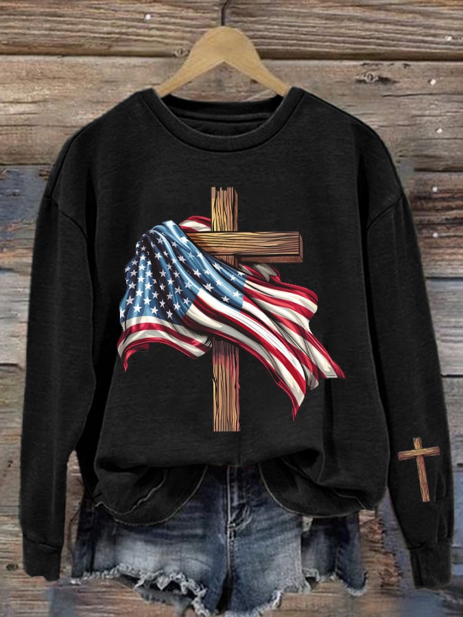 Women's American Flag Cross Patriotic Crew Neck Top