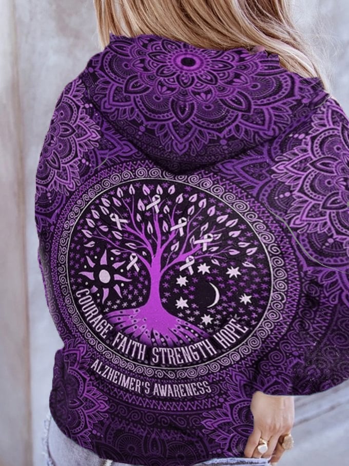 Women's Courage Faith Strengh Hope Tree of Life Dementia Alzheimer's Disease Awareness Printed Hooded Sweatshirt