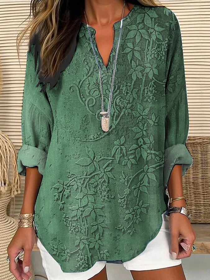 Women's Purple Art Floral Cotton And Linen Shirt
