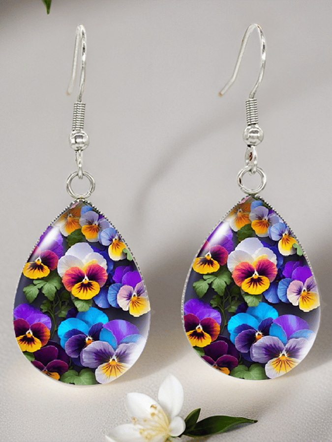 Purple Drop-Shaped Pansy Flower Design Earrings