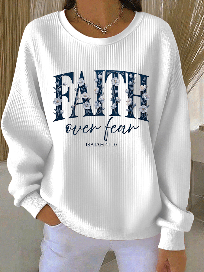 Women's Faith Print Knit Crew Neck Long Sleeve Top
