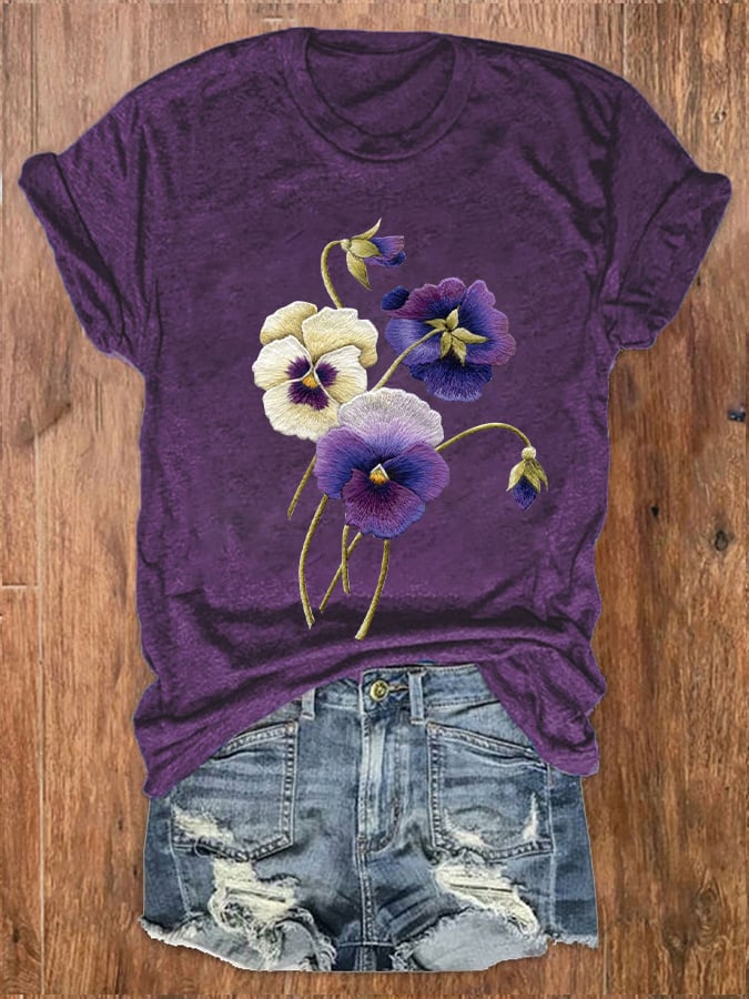 Women's Alzheimer's Awareness Purple Floral Print Crew Neck T-Shirt