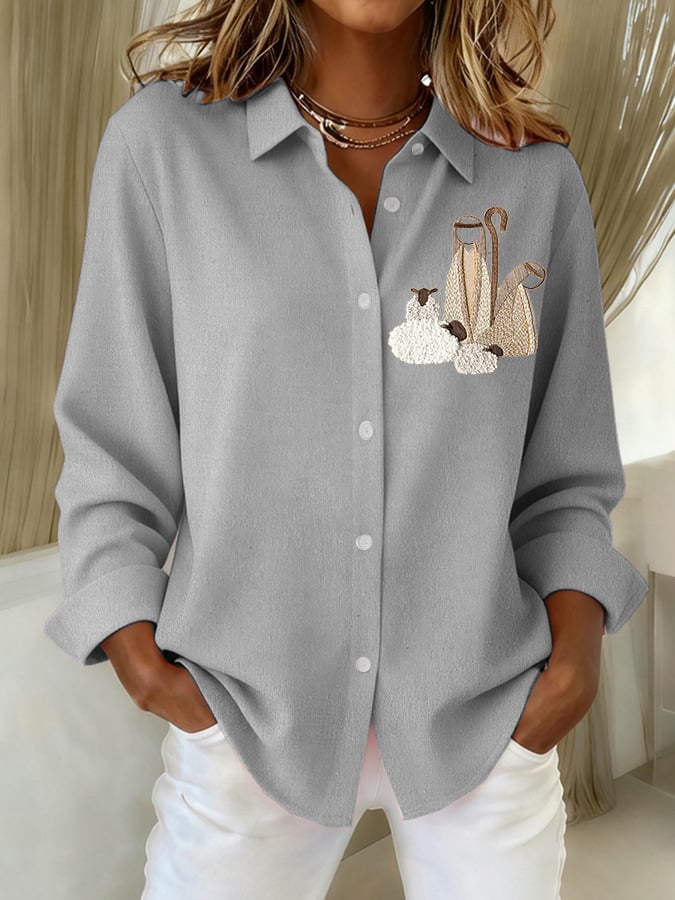 Women's Nativity Print Casual Linen Shirt