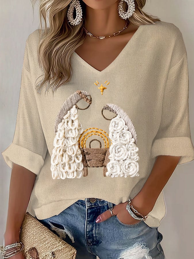 Women's Nativity Print V Neck T-shirt