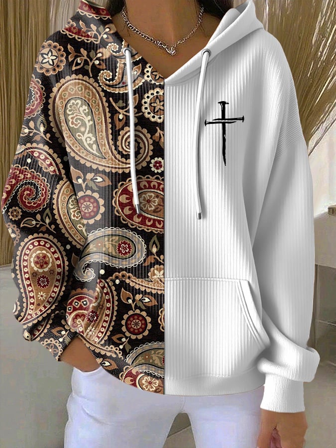 Women's Casual Paisley Contrasting Faith Texture Hoodie