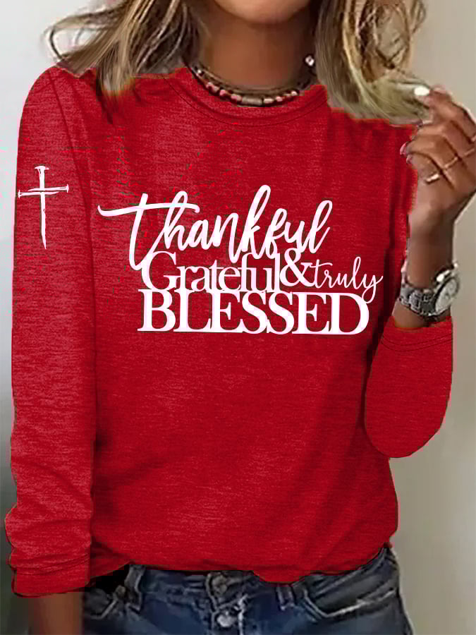 Women's casual retro Grateful Thankful Blessed long-sleeved T-shirt