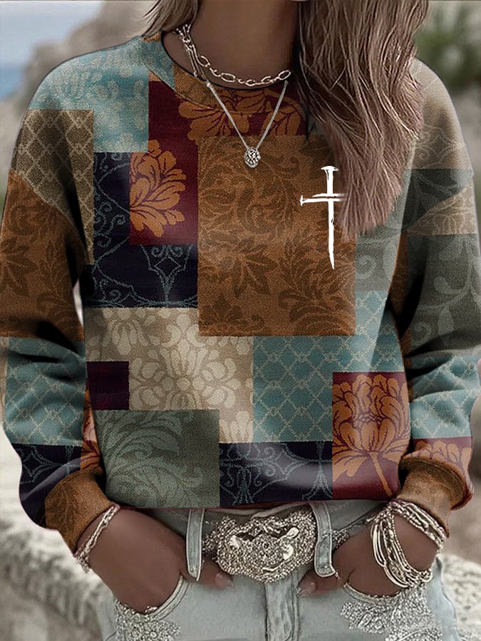 Women's Casual Retro Contrast Color Faith Striped Sweatshirt