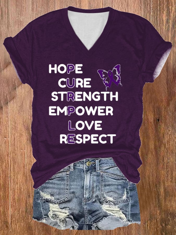 Women's Alzheimer Awareness Purple Butterfly Fighting Print T-Shirt
