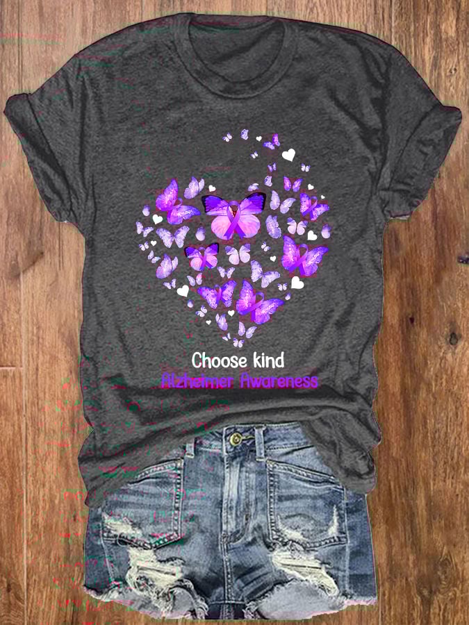 Women's Choose Kind Butterfly Alzheimer Awareness Dementia Alzheimer's Print T-Shirt