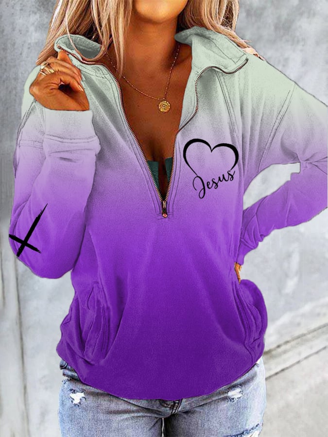 Women's Jesus Cross Faith Gradient Print Casual Zipper Collar Sweatshirt