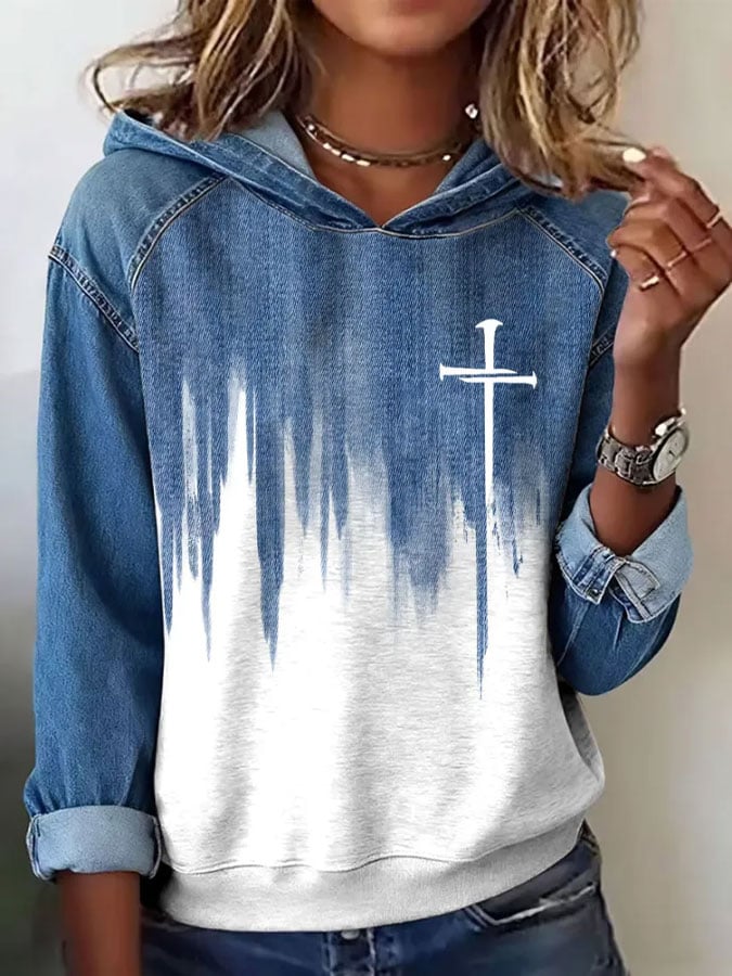 Women's Casual Faith Print Hooded Long Sleeve Top