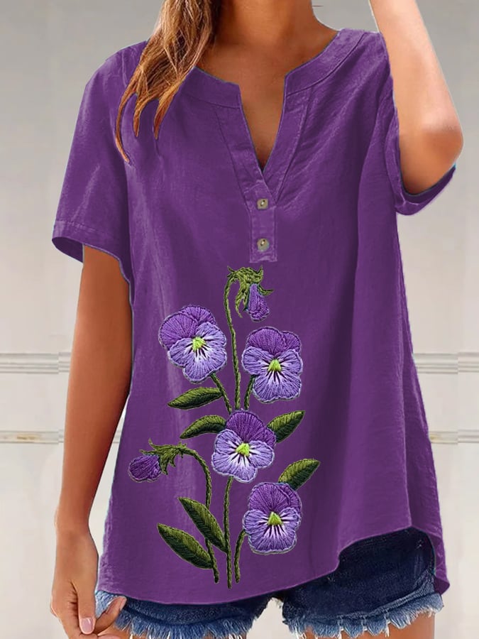 Women's Purple Flowers Print Short Sleeve Casual Shirt