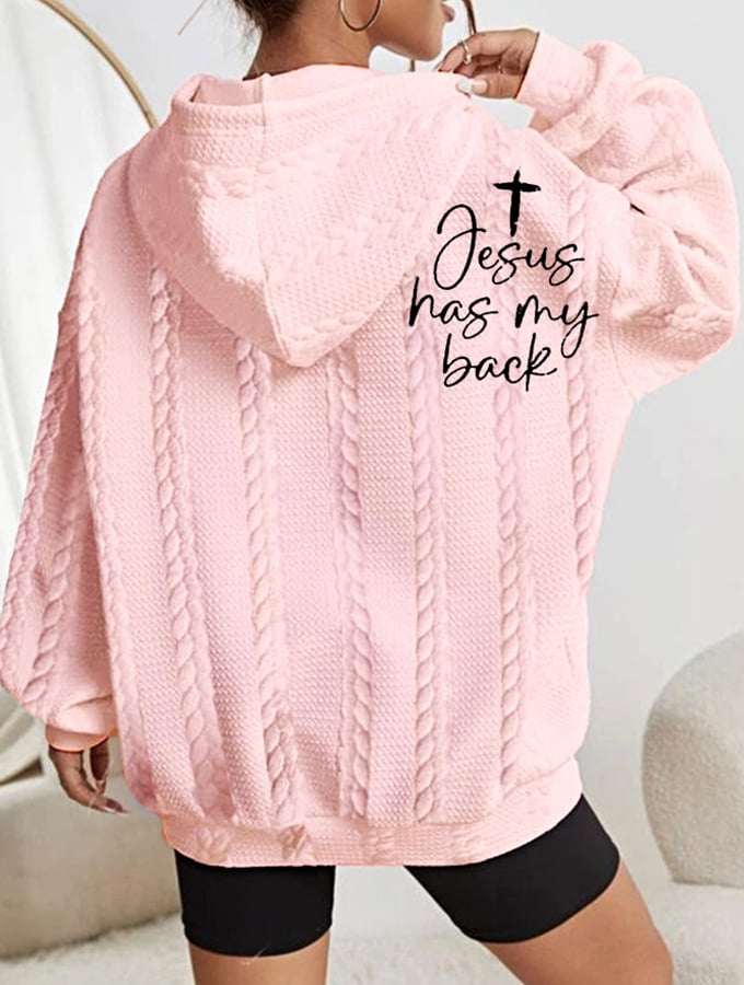 Women's Faith Jesus Has My Back Printed Casual Cable Hoodie